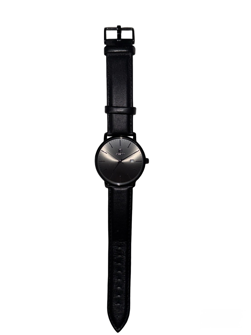 Black Leather Strap Watch with Minimal Black Dial